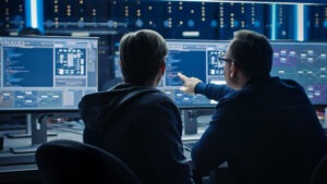 Two males pointing at a monitor showing a display of code and network architecture
