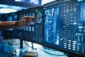 Healthcare professional pointing at a screen showing scan results