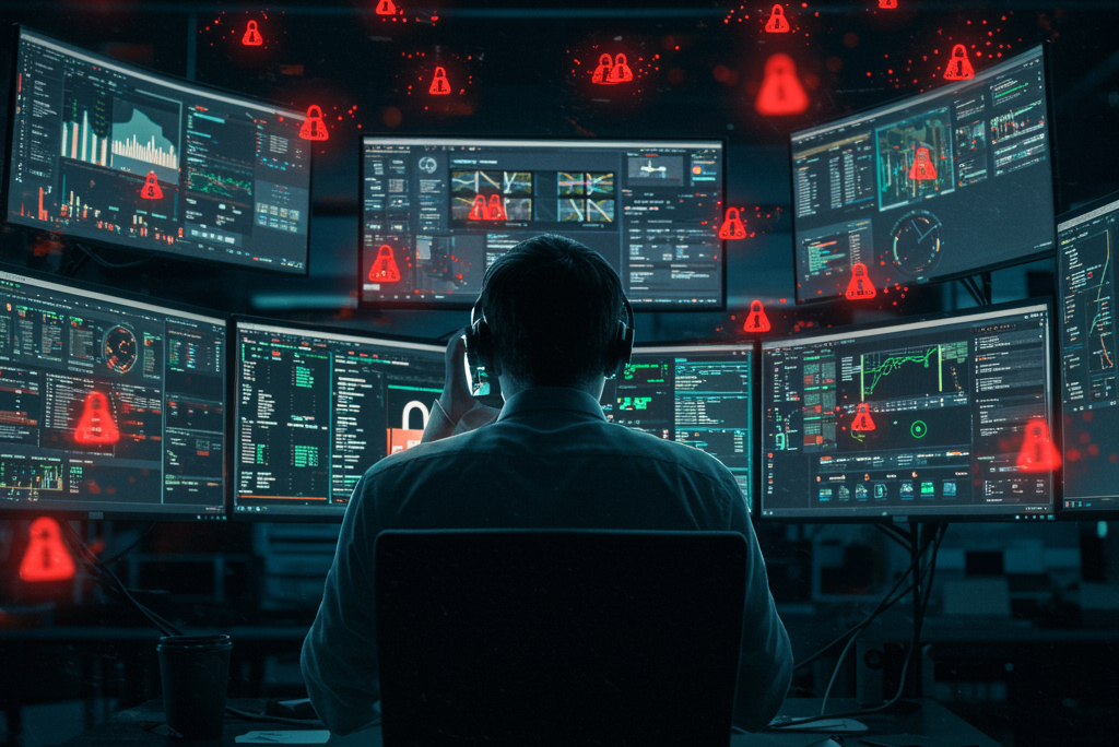 male looking at monitor with many alerts
