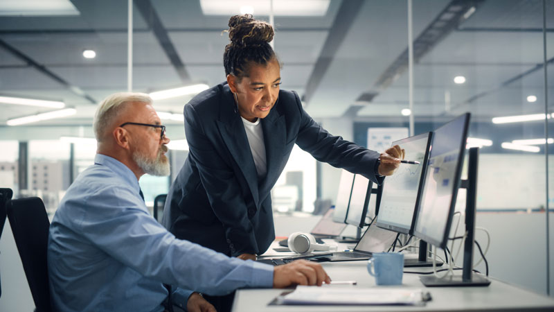 Woman and man pointing at computer screen talking through points