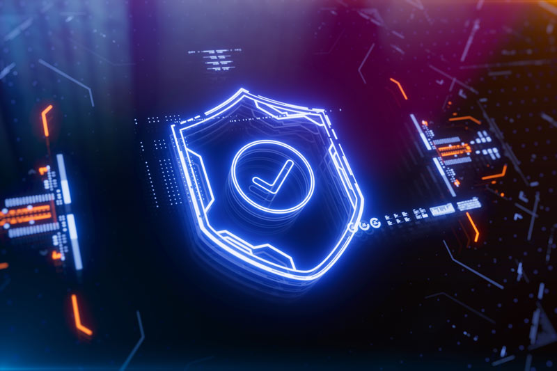 Digital shield icon with tick in the centre of the shield